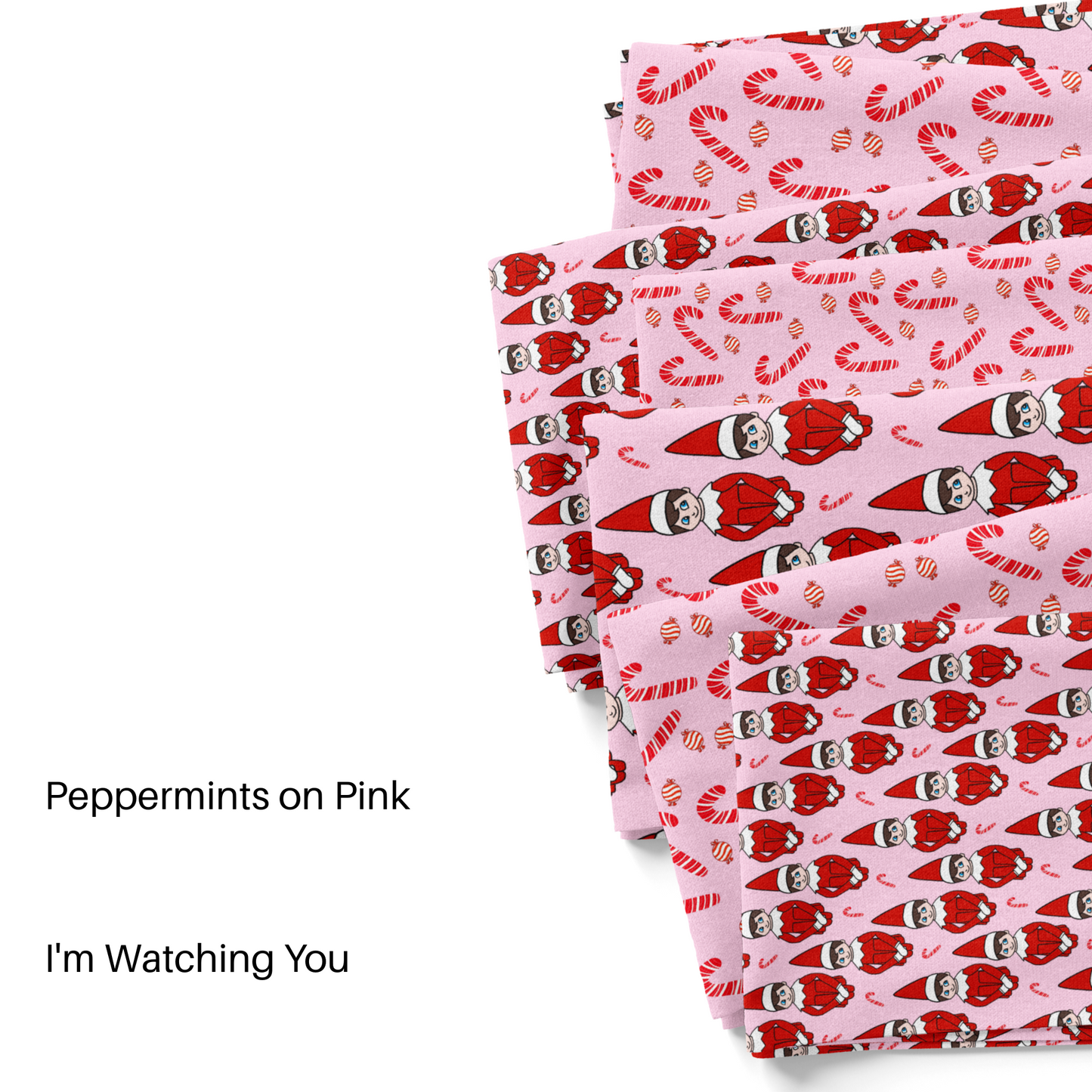 Glamby's Graphics candy canes and elves Chrstmas fabric by the yard swatches.