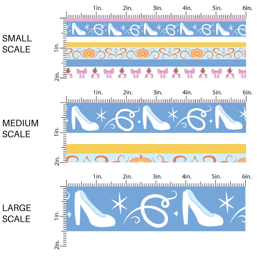 Pink and Blue striped princess fabric by the yard scaled image guide with glass slippers, mice, and pumpkin carriages.