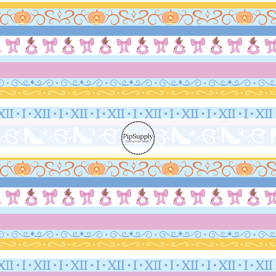 Pink and Blue striped princess fabric by the yard with glass slippers, mice, and pumpkin carriages.