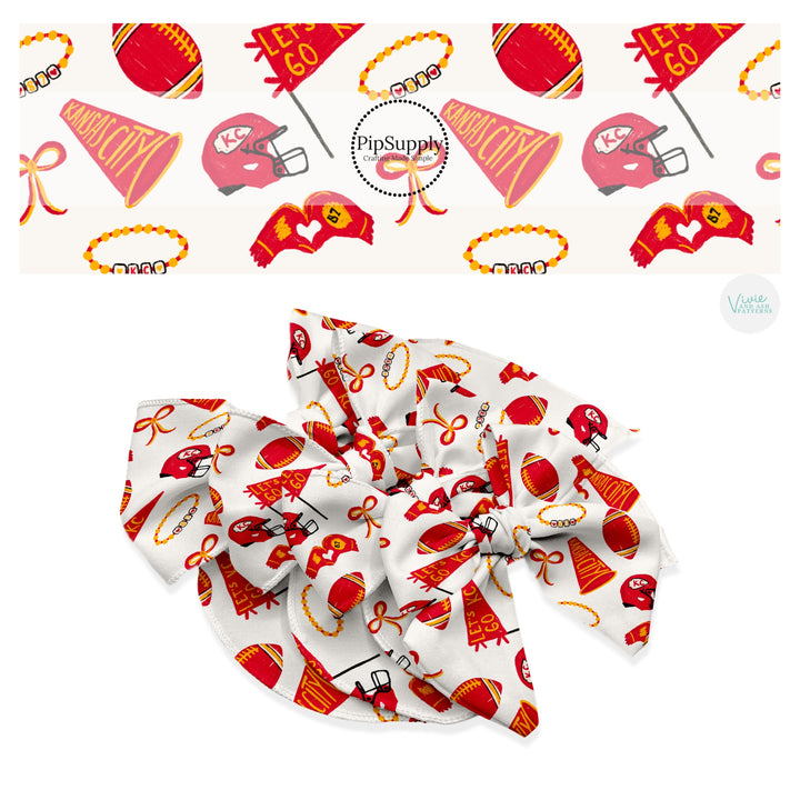 These football pattern no sew bow strips can be easily tied and attached to a clip for a finished hair bow. These bow strips are great for personal use or to sell. The bow strips feature football helmets and friendship bracelets.