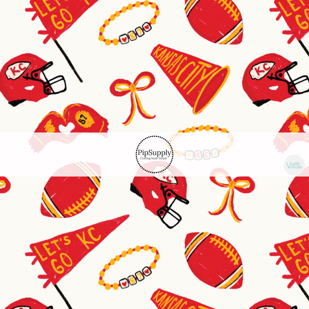 These football pattern no sew bow strips can be easily tied and attached to a clip for a finished hair bow. These bow strips are great for personal use or to sell. The bow strips feature football helmets and friendship bracelets.