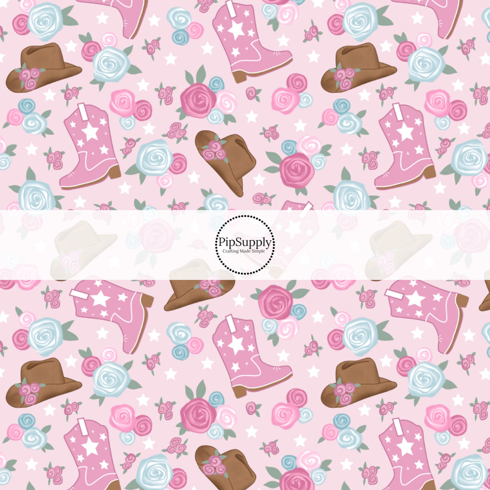 These western pink floral pattern no sew bow strips can be easily tied and attached to a clip for a finished hair bow. These bow strips are great for personal use or to sell. The bow strips features cowgirl boots and hats surrounded by pink and light blue flowers.