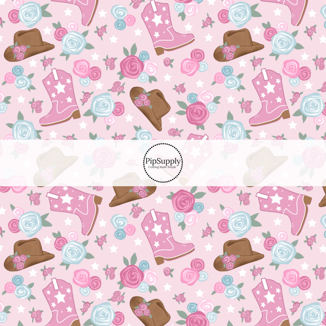 These western pink floral pattern no sew bow strips can be easily tied and attached to a clip for a finished hair bow. These bow strips are great for personal use or to sell. The bow strips features cowgirl boots and hats surrounded by pink and light blue flowers.