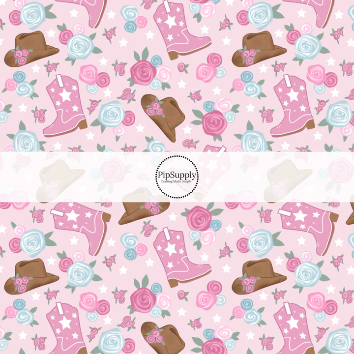 These western pink floral pattern no sew bow strips can be easily tied and attached to a clip for a finished hair bow. These bow strips are great for personal use or to sell. The bow strips features cowgirl boots and hats surrounded by pink and light blue flowers.