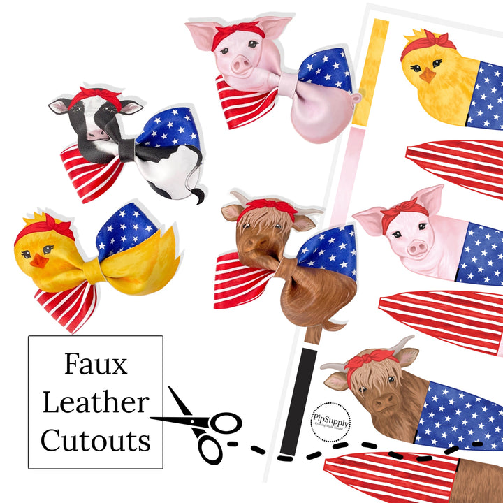 These patriotic farm animal themed faux leather pinwheel type bows with chickens, pigs, and cows are ready to cut and assemble for many craft projects. You will receive one faux leather sheet with varying quantities of cutouts based on your selections.