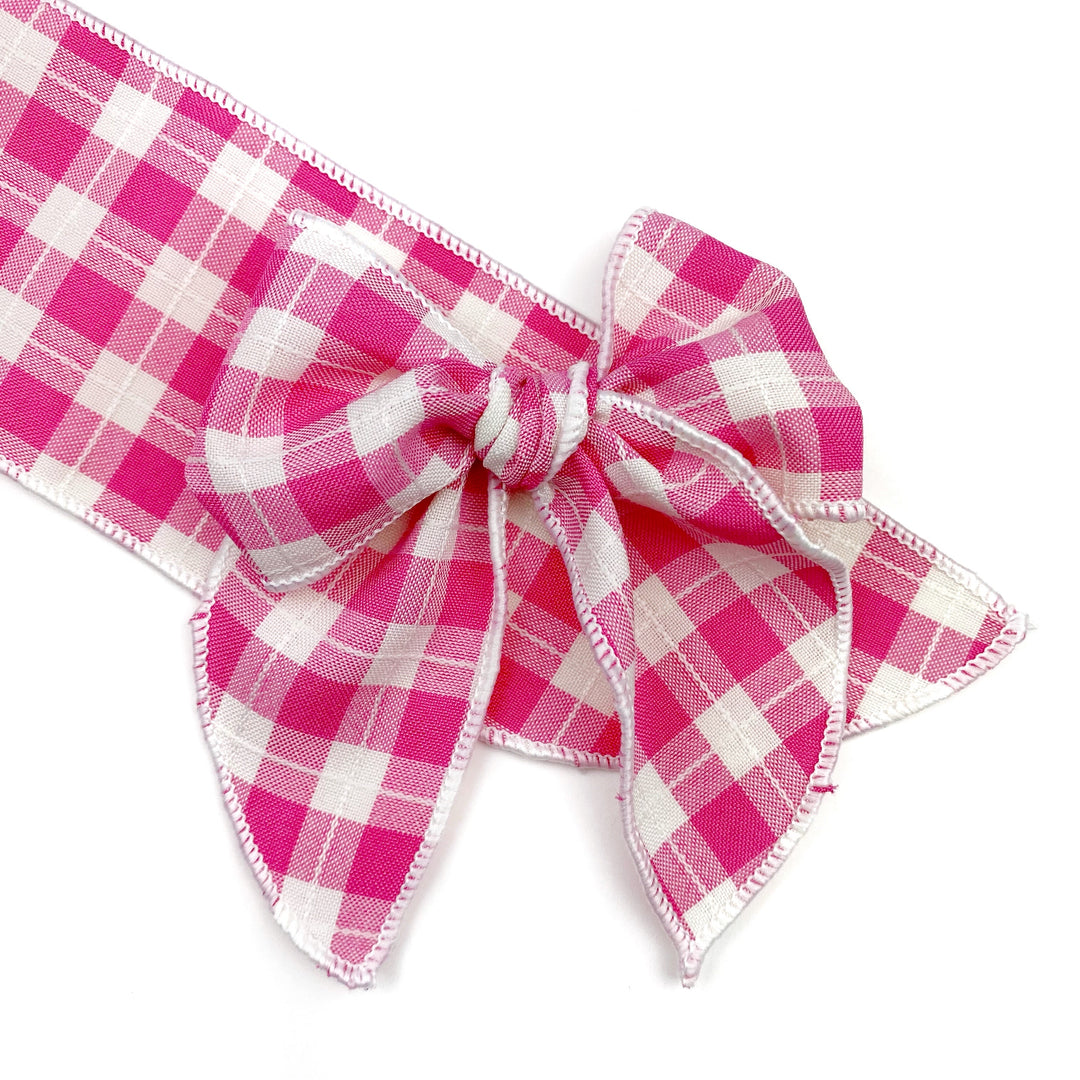 Pink Plaid  Effortless Bow Strips - Serged Edge