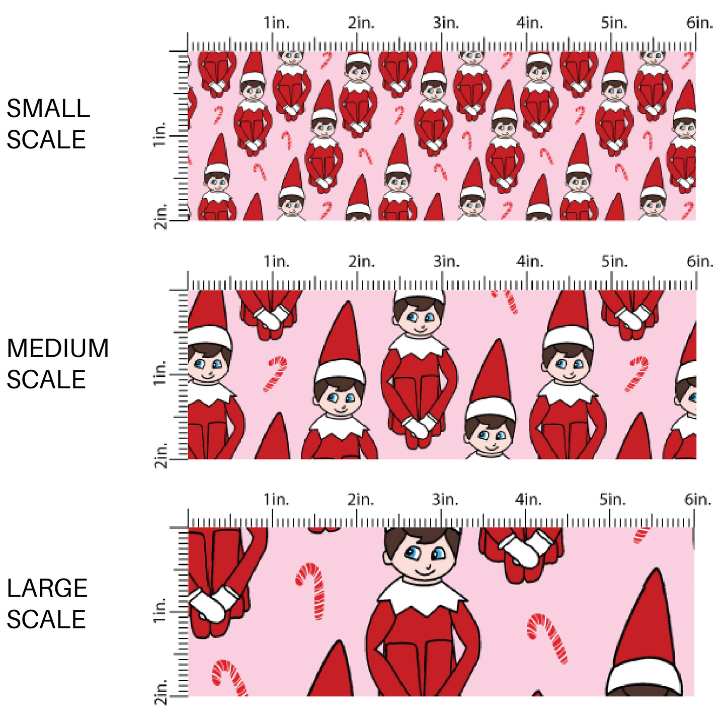 Pink fabric by the yard scaled image guide with elves and candy canes.