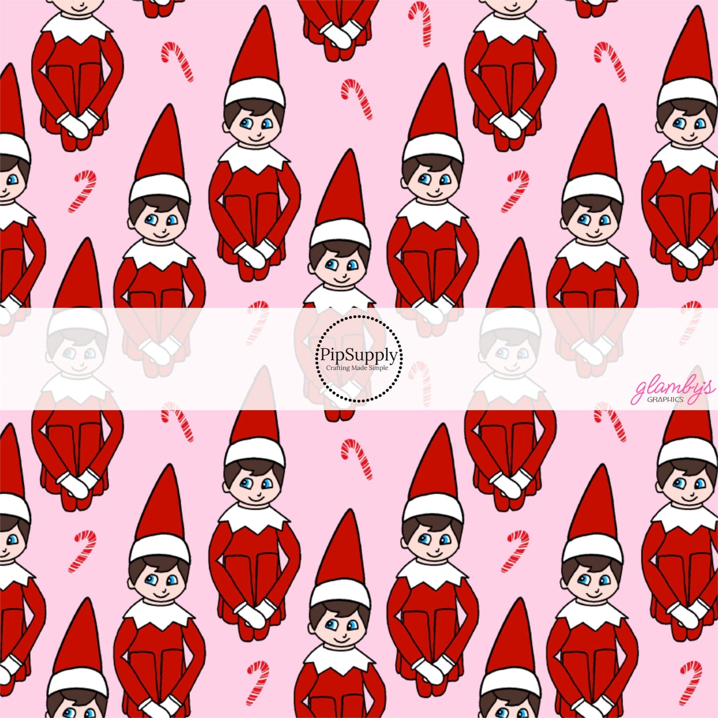 Pink fabric by the yard with elves and candy canes.