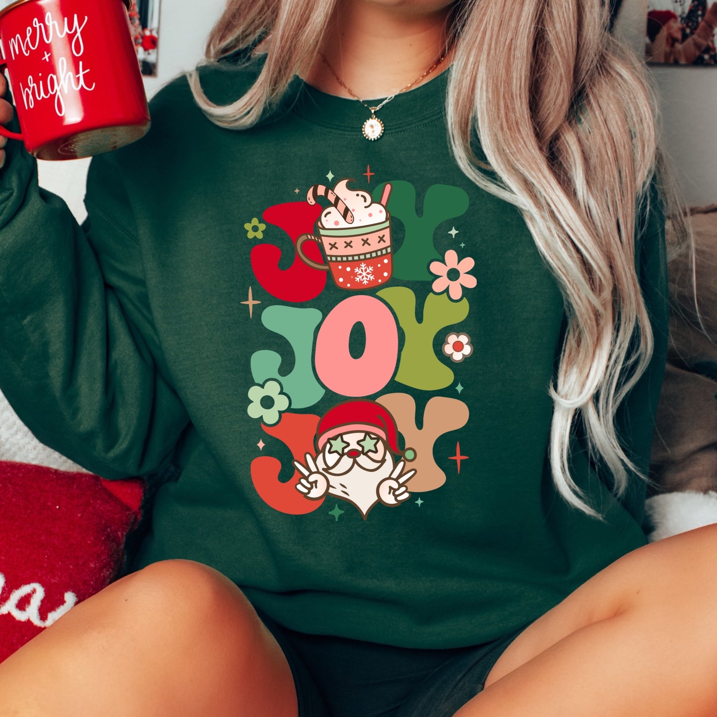 "Joy Joy Joy" Groovy Christmas iron on heat transfer.