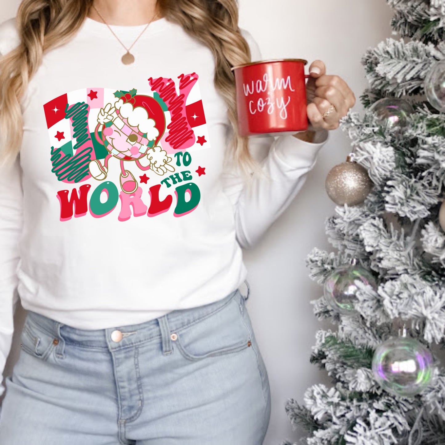 Pink, red, and green dancing disco ball Christmas iron on heat transfer.