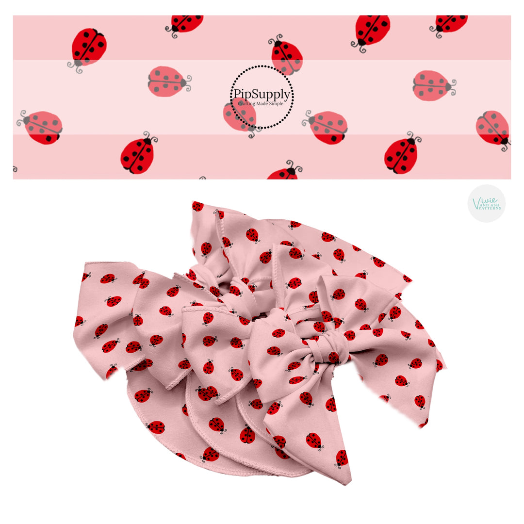 These ladybug themed pink no sew bow strips can be easily tied and attached to a clip for a finished hair bow. These fun insect bow strips are great for personal use or to sell. The bow stripes features tiny red ladybugs on light pink.