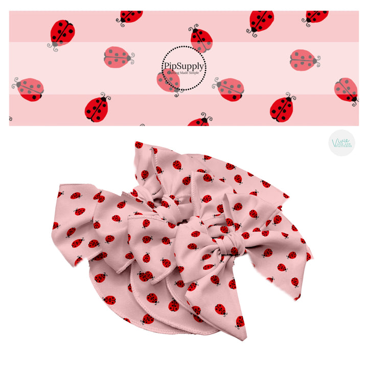 These ladybug themed pink no sew bow strips can be easily tied and attached to a clip for a finished hair bow. These fun insect bow strips are great for personal use or to sell. The bow stripes features tiny red ladybugs on light pink.