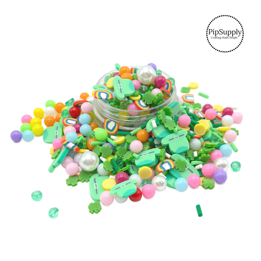 This multi colored clay slices mix is versatile for many craft projects. This St. Patrick mix has sprinkles, rainbow colored beads, and clay slices of rainbows, shamrocks, and leprechaun hats. You can use it to add sparkle and decoration to resin projects, filling for shaker bows, slime making, party decor, scrapbooking, card making and nail art.