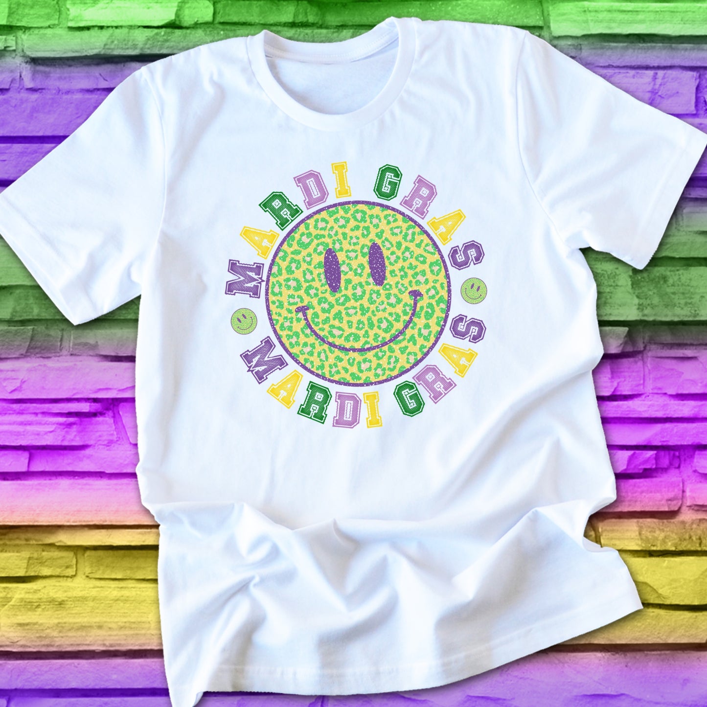 Purple, Green, and Yellow Leopard Print Smiley Face Mardi Gras Iron On Heat Transfer