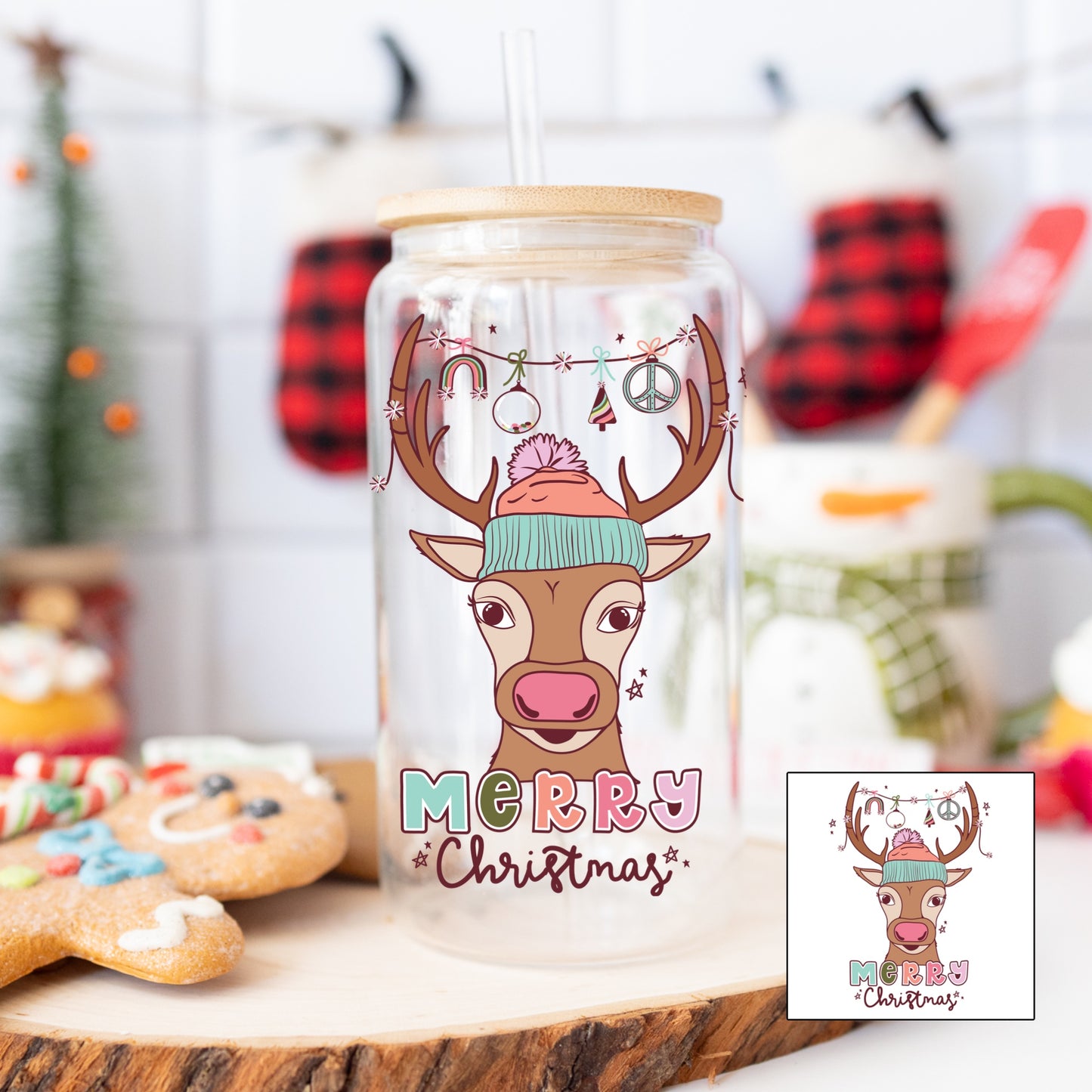 Festive Christmas Reindeer UV DTF Decal.