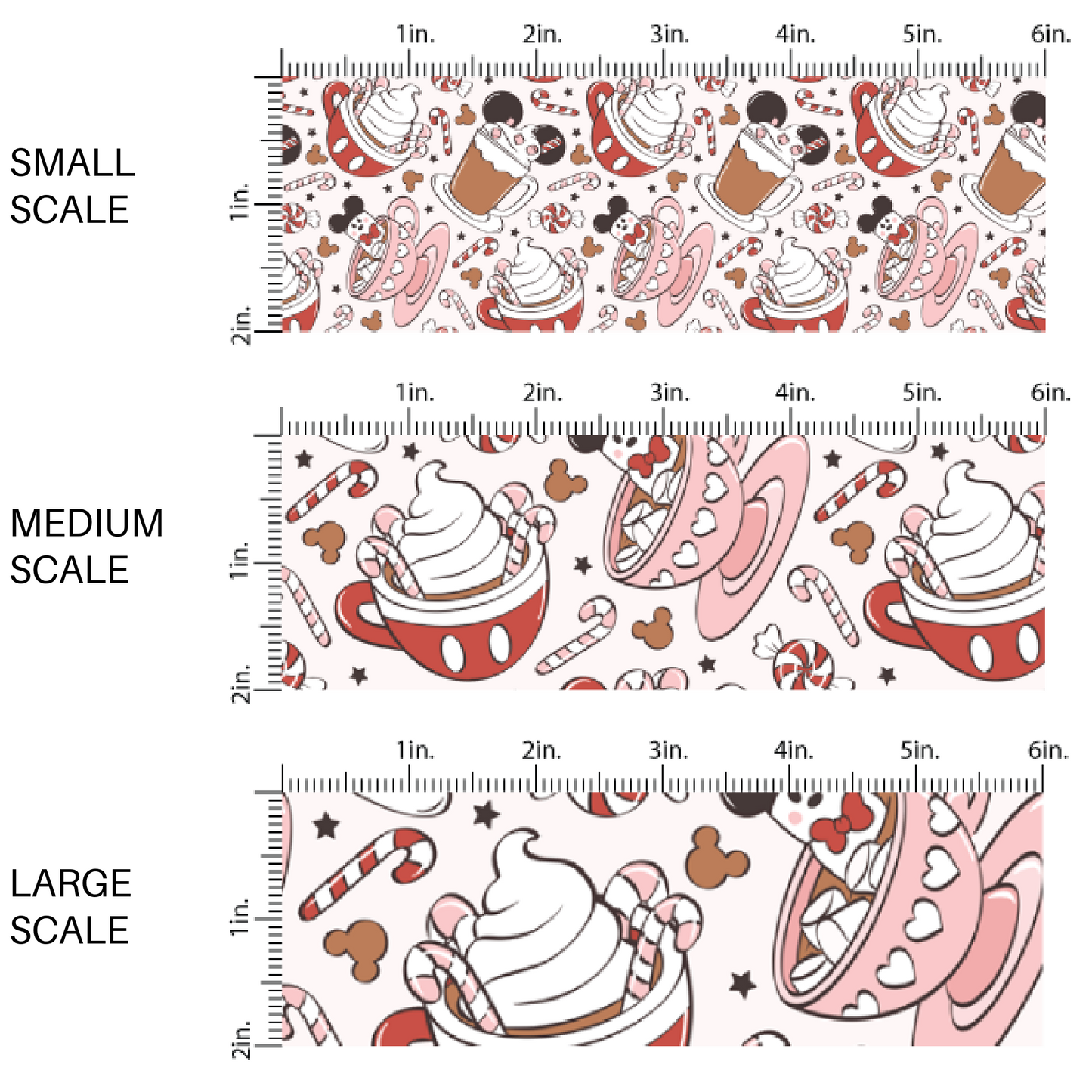 Mouse ear hot cocoa and holiday drinks on cream fabric by the yard scaled image guide.