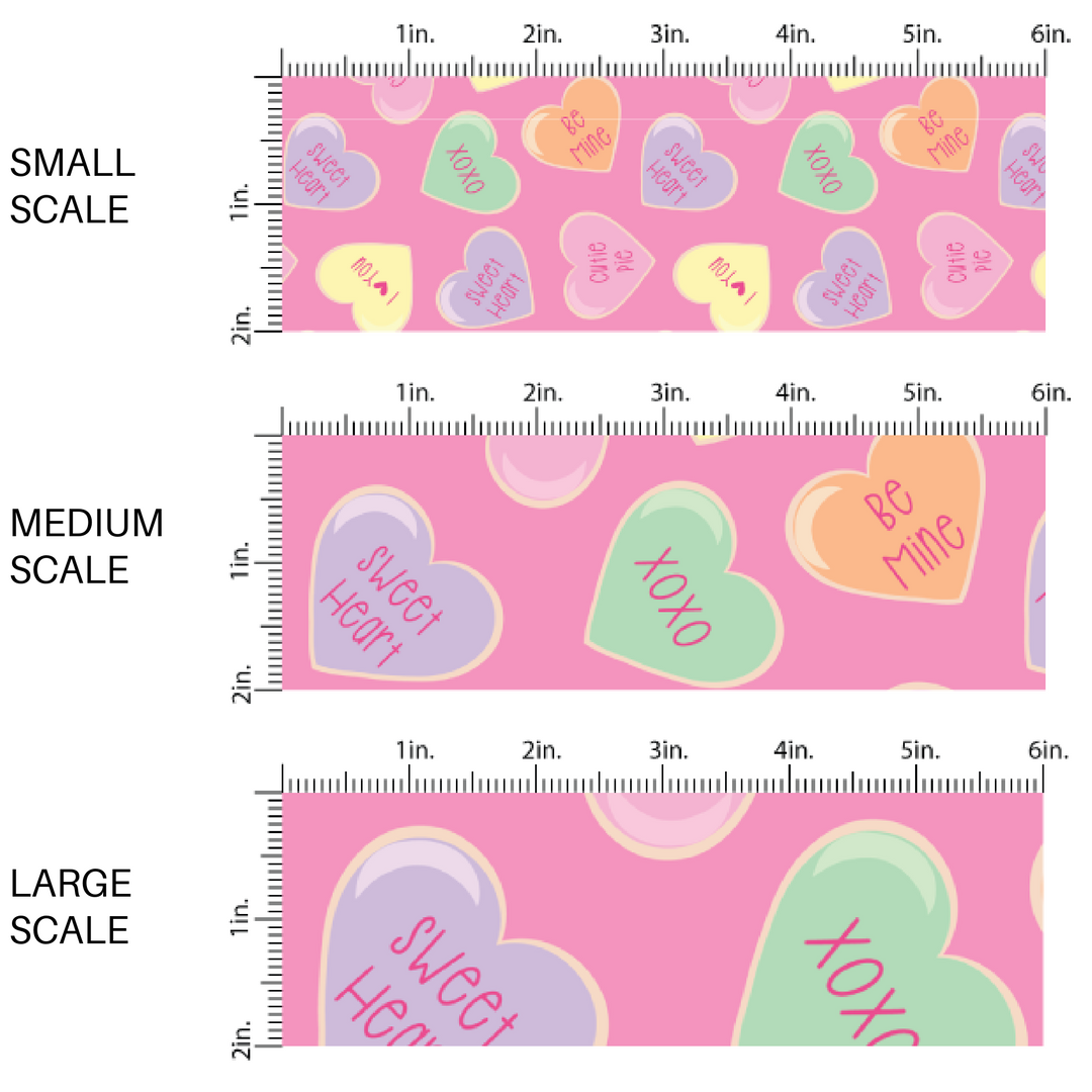 This scale chart of small scale, medium scale, and large scale of these Valentine's pattern themed fabric by the yard features pastel colored conversation hearts on pink. This fun Valentine's Day fabric can be used for all your sewing and crafting needs!