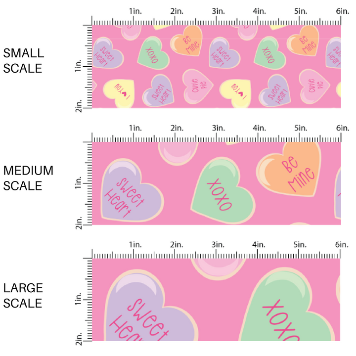 This scale chart of small scale, medium scale, and large scale of these Valentine's pattern themed fabric by the yard features pastel colored conversation hearts on pink. This fun Valentine's Day fabric can be used for all your sewing and crafting needs!