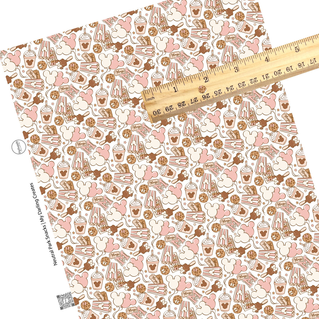 These Valentine's pattern themed faux leather sheets contain the following design elements: neutral colored park snacks and mouse treats on cream. Our CPSIA compliant faux leather sheets or rolls can be used for all types of crafting projects.
