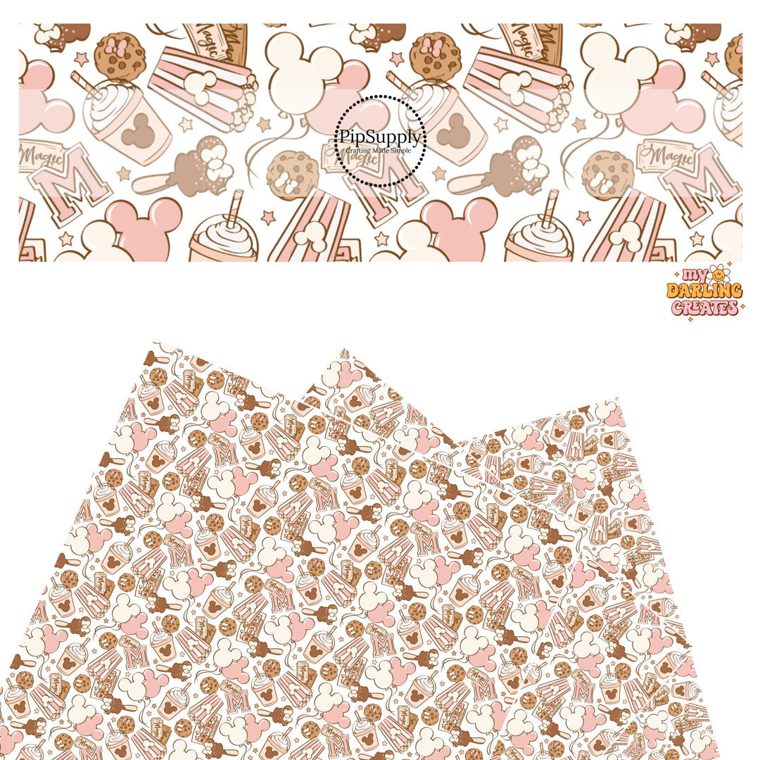 These Valentine's pattern themed faux leather sheets contain the following design elements: neutral colored park snacks and mouse treats on cream. Our CPSIA compliant faux leather sheets or rolls can be used for all types of crafting projects.