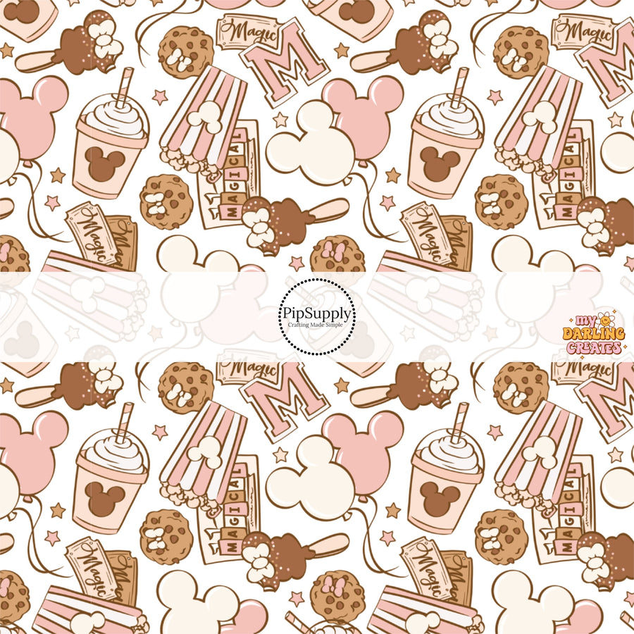 Neutral Mouse Park Snacks on White Fabric by the Yard.