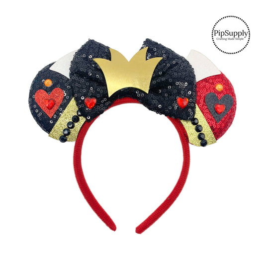 These red and black mouse ear headbands are a stylish hair accessory. These comfortable headbands have attached black glitter bow and heart inspired glitter mouse ears. Along with a crown and rhinestone embellishment. This hair accessory comes completely assembled and is great for park vacations, costumes or for everyday wear!