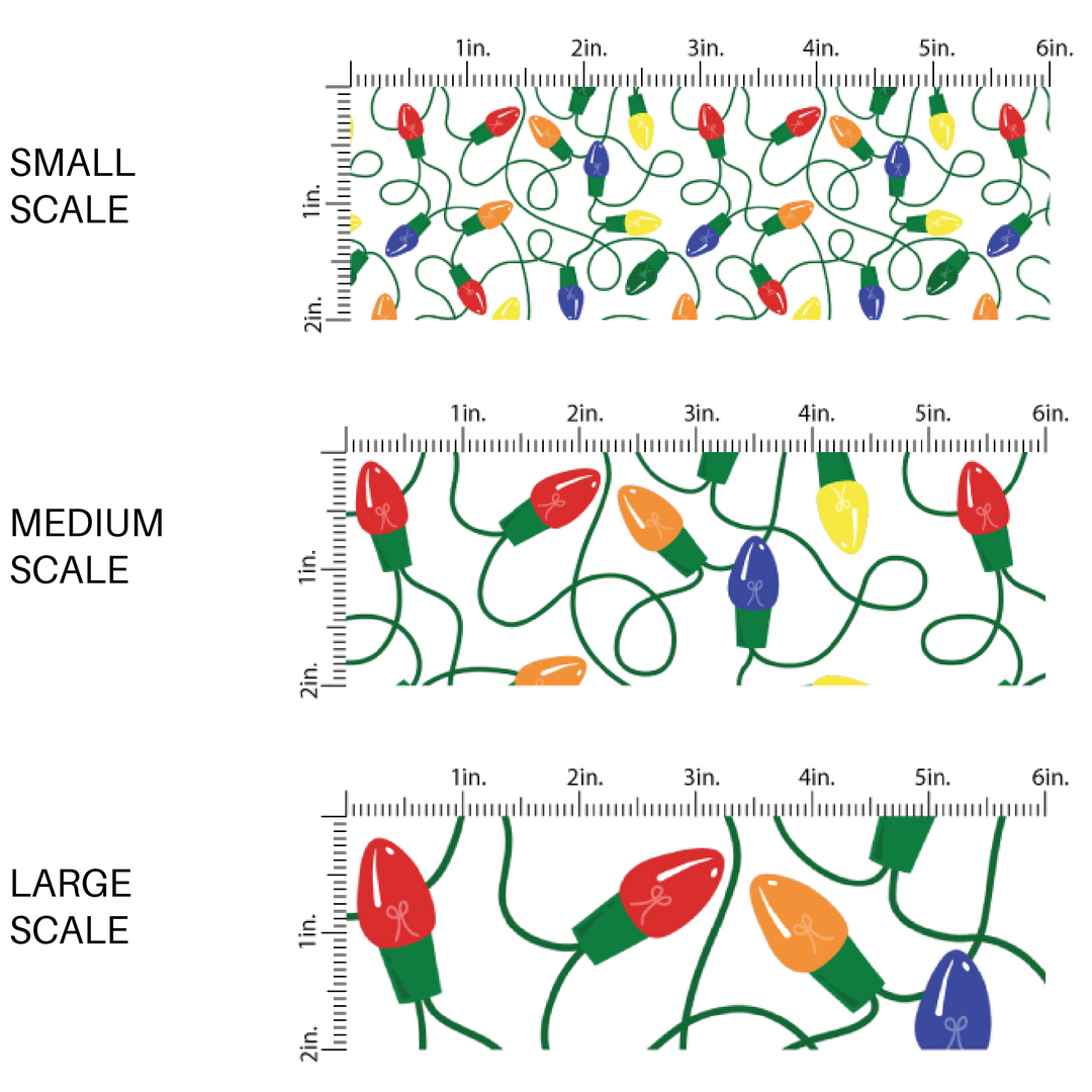 White fabric by the yard scaled image guide with red, orange, blue, and yellow Christmas lights.
