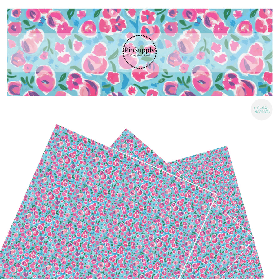 These spring floral faux leather sheets contain the following design elements: pink painted ditsy floral on blue. Our CPSIA compliant faux leather sheets or rolls can be used for all types of crafting projects.