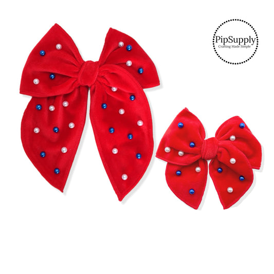 Patriotic Red Velvet Pearl Beaded Hair Bow - TIED w/Clip