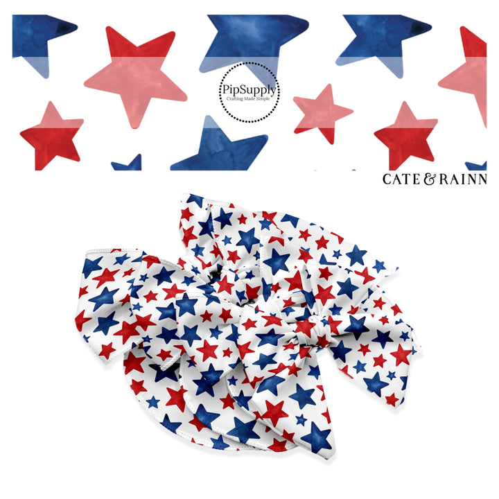 These patriotic themed no sew bow strips can be easily tied and attached to a clip for a finished hair bow. These patterned bow strips are great for personal use or to sell. These bow strips features red and blue stars.