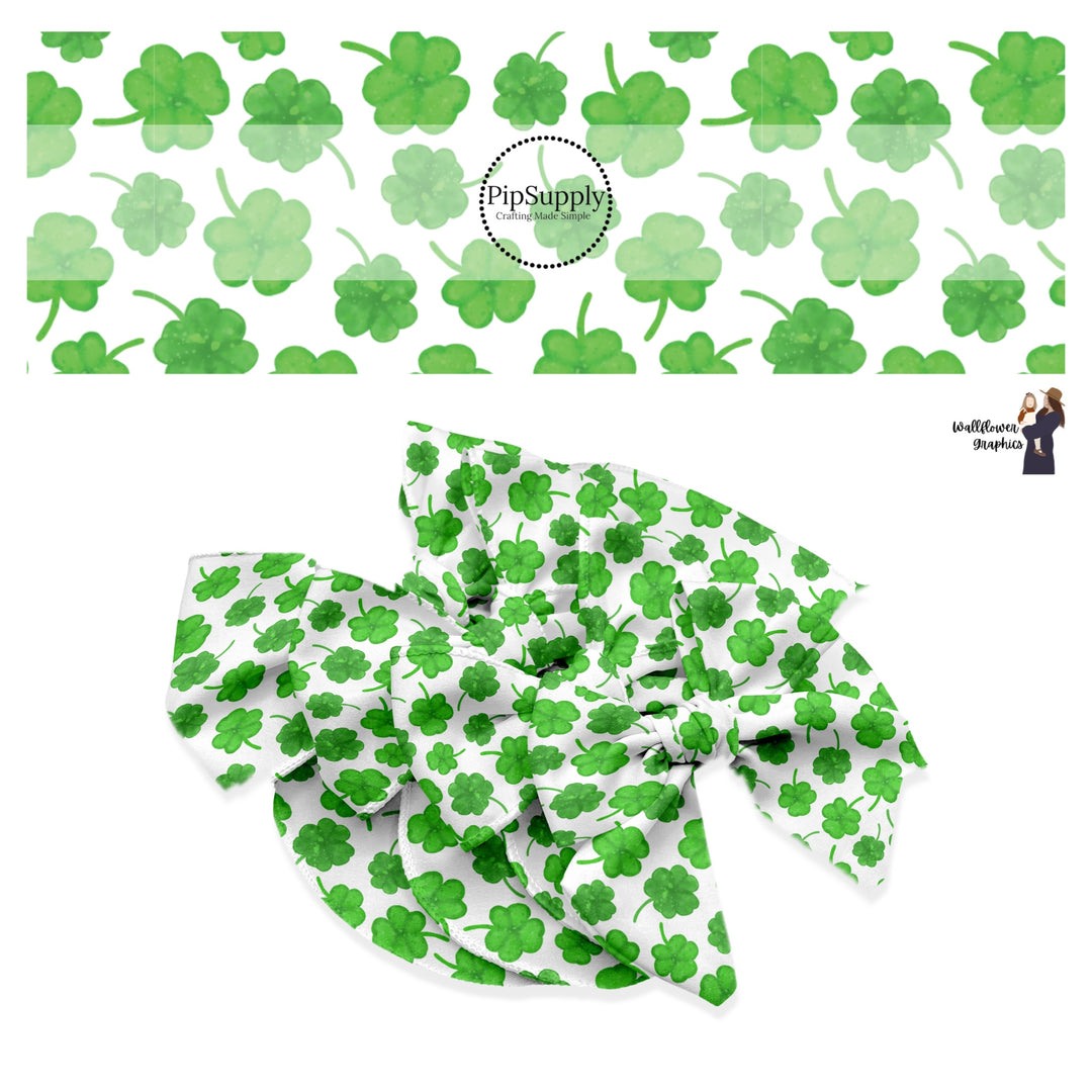 These St. Patrick's Day pattern themed no sew bow strips can be easily tied and attached to a clip for a finished hair bow. These patterned bow strips are great for personal use or to sell. These bow strips features green shamrocks on white.