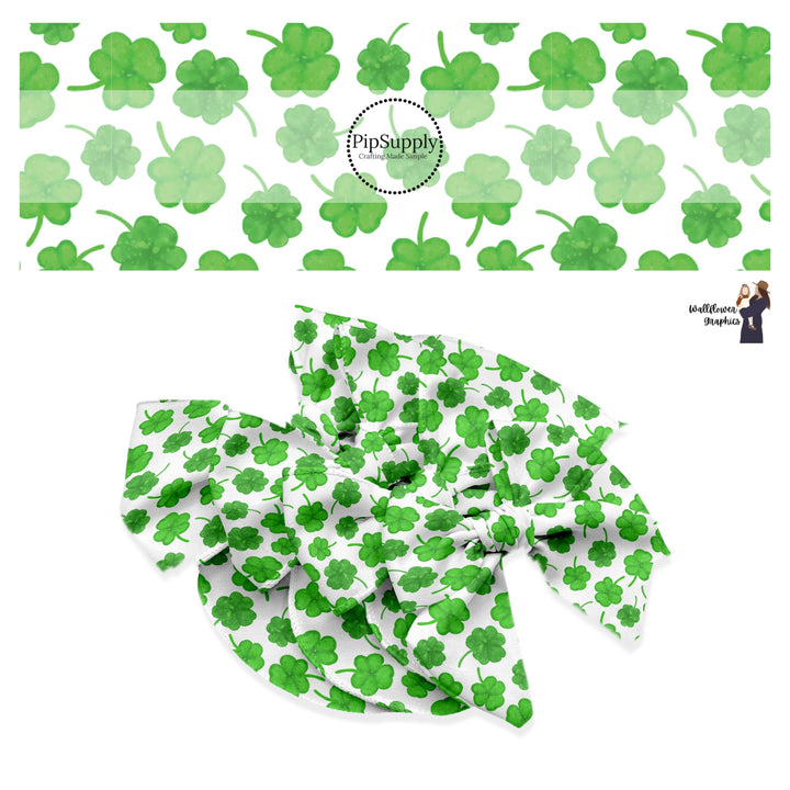 These St. Patrick's Day pattern themed no sew bow strips can be easily tied and attached to a clip for a finished hair bow. These patterned bow strips are great for personal use or to sell. These bow strips features green shamrocks on white.