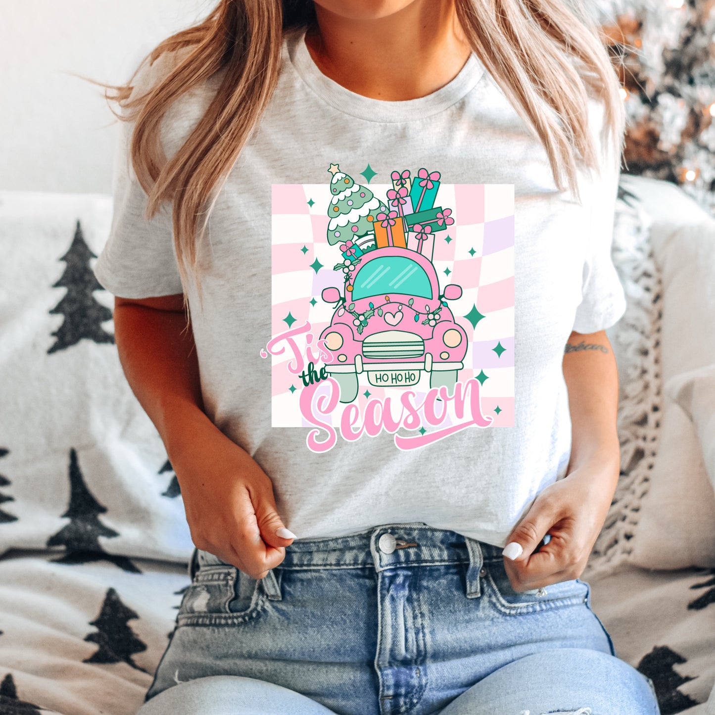 "Tis the season" pink Christmas truck iron on heat transfer.