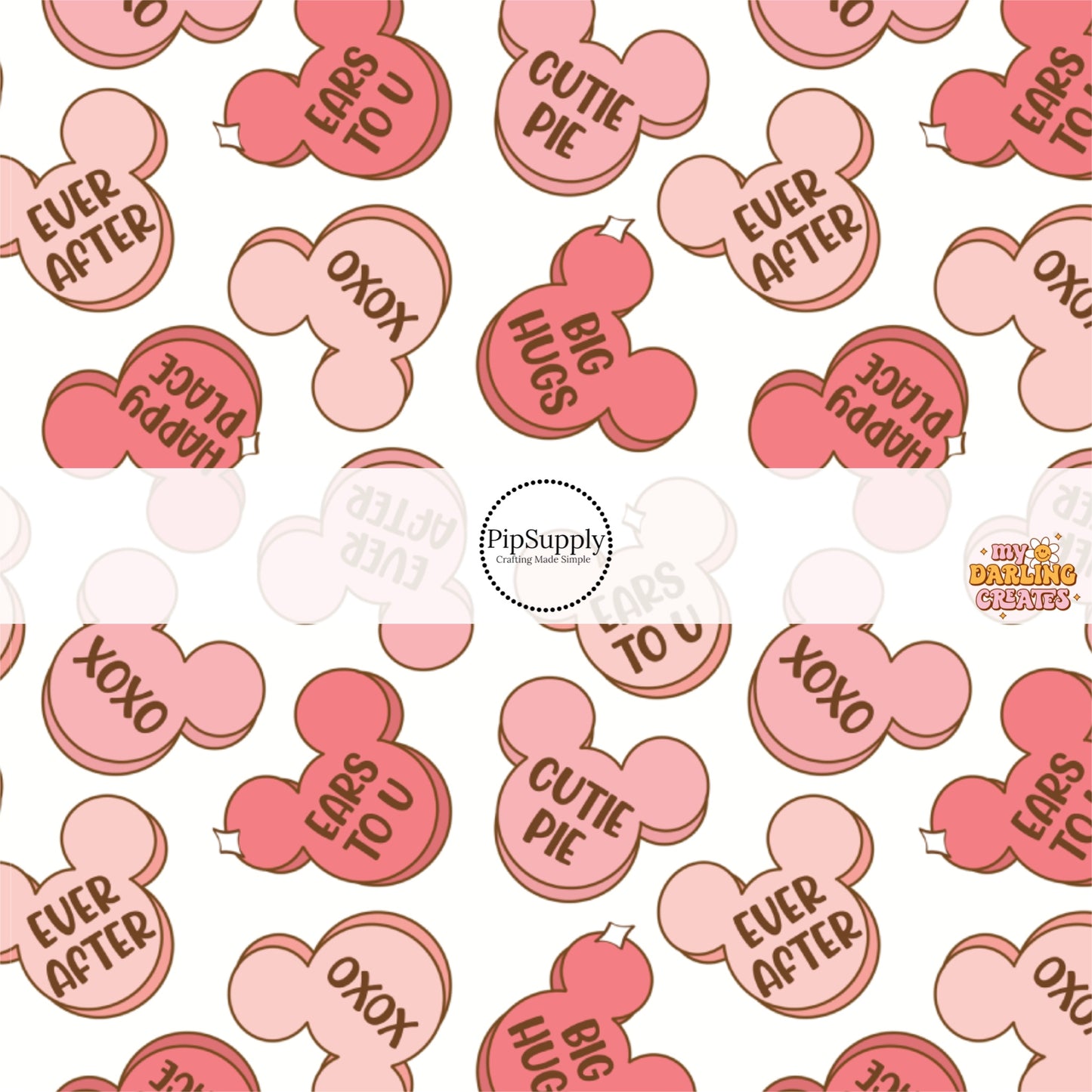 Pink Conversation Mouse Candies on White Fabric by the Yard.