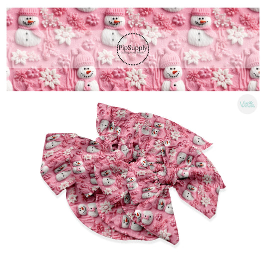 These holiday sewn pattern themed no sew bow strips can be easily tied and attached to a clip for a finished hair bow. These Christmas bow strips are great for personal use or to sell. The bow strips features pink and white snowflakes on pink.