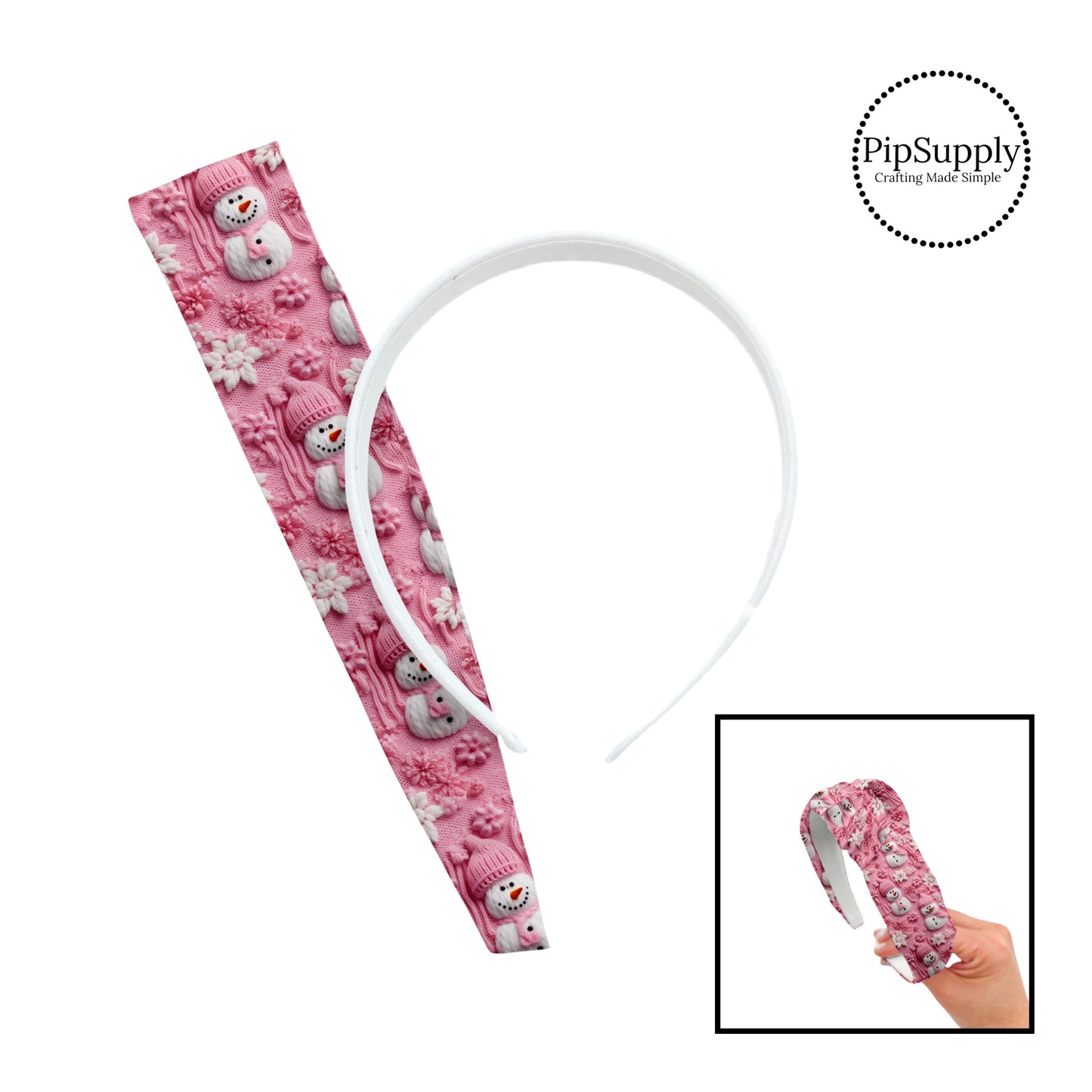 These holiday sewn embroidered headband kits are easy to assemble and come with everything you need to make your own knotted headband. These Christmas kits include a custom printed and sewn fabric strip and a coordinating velvet headband. The design elements contain pink and white snowflakes and snowman on pink.
