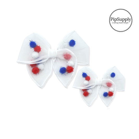 two sized of red and blue pom pom filled shaker bows