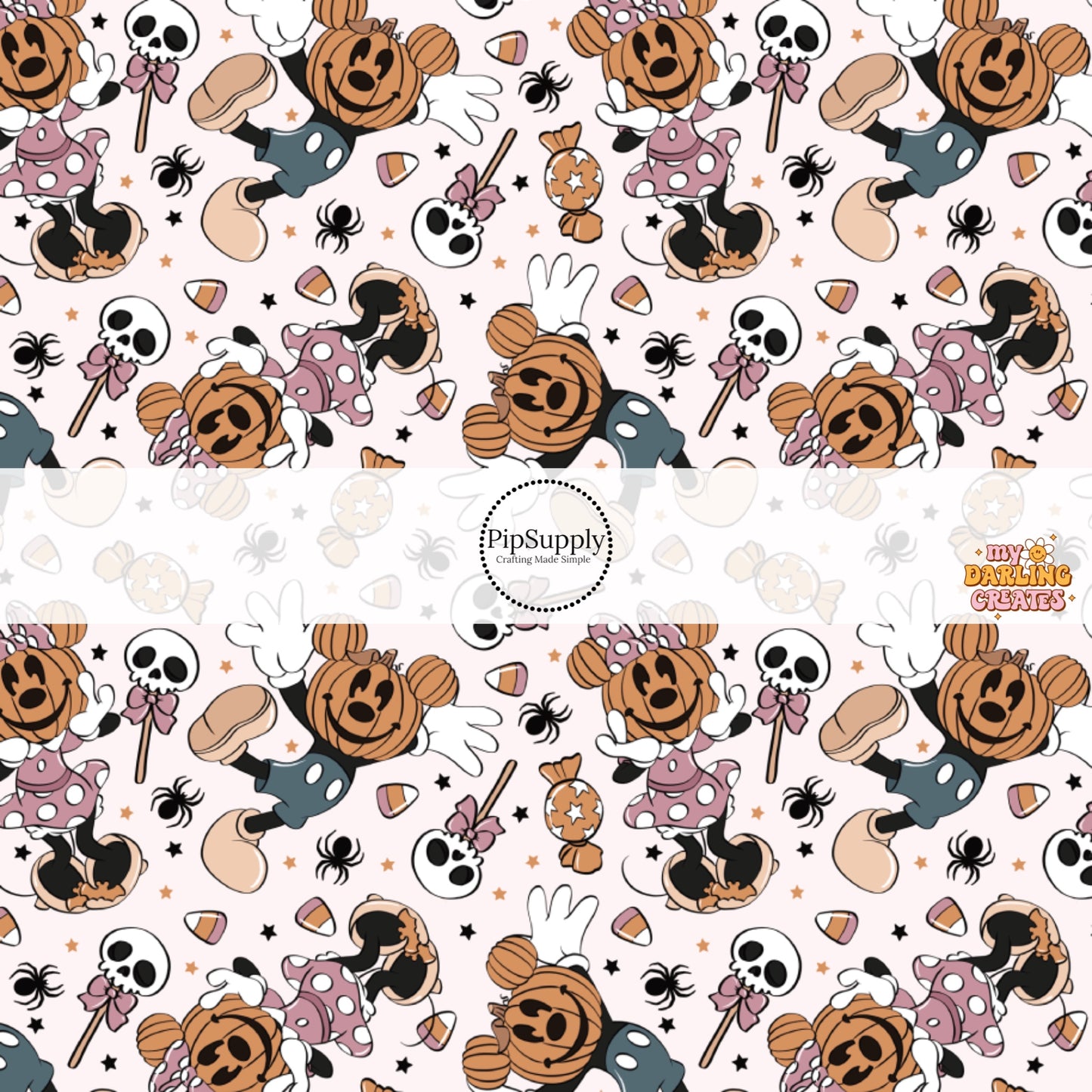 Spiders, candy corn, and jack-o-lantern mice on light pink fabric by the yard.