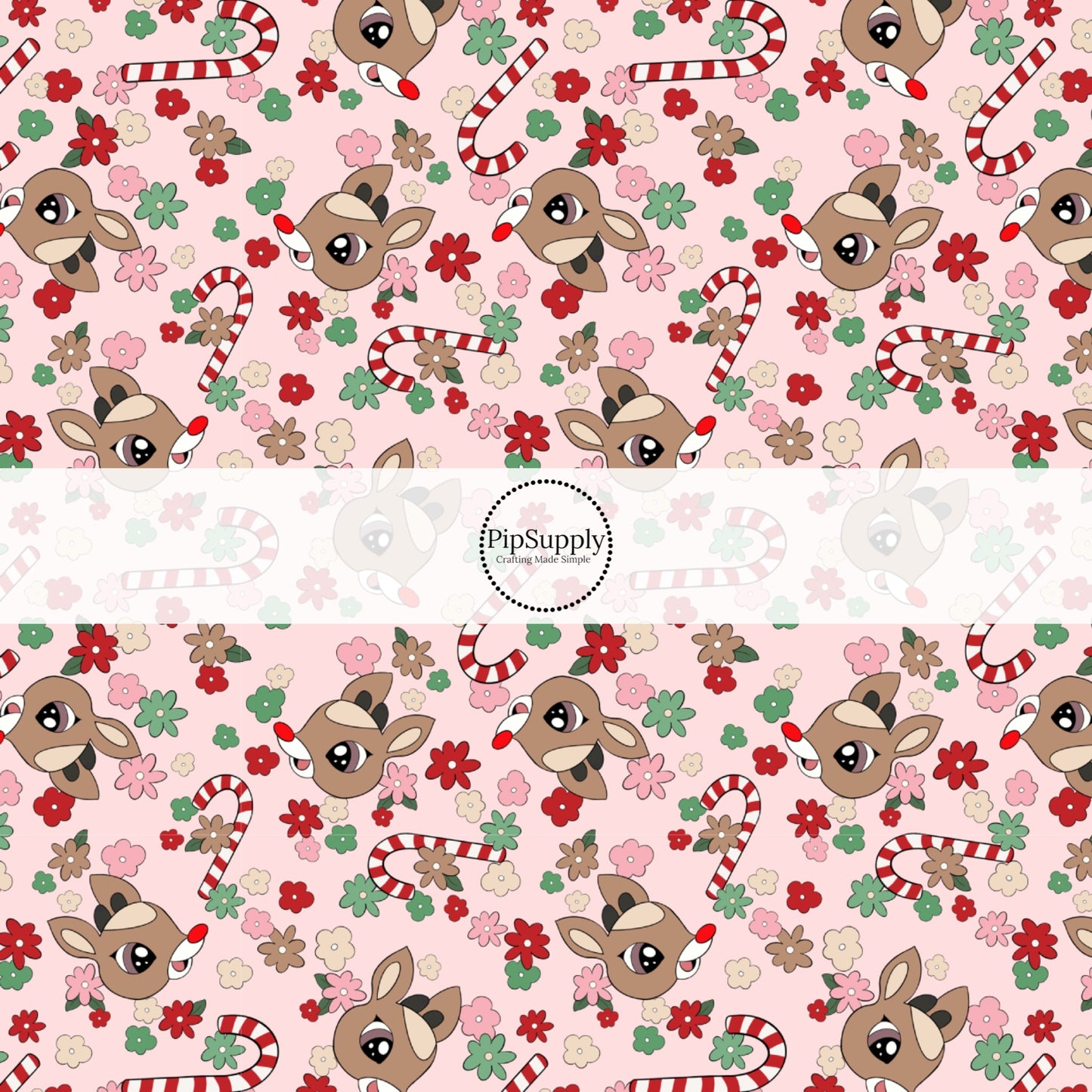Floral reindeer and candy canes on pink hair bow strips