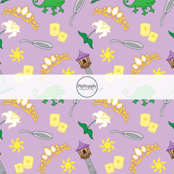 Purple fabric by the yard with tiaras, lanterns, skillets, and chameleons.