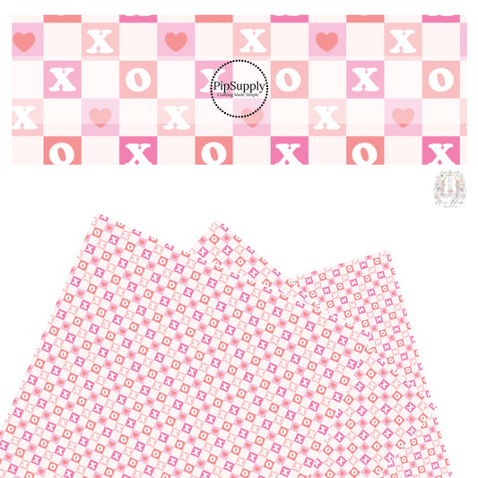 These Valentine's pattern themed faux leather sheets contain the following design elements: hot pink, peach, and light pink checker with XO and small hearts on cream. Our CPSIA compliant faux leather sheets or rolls can be used for all types of crafting projects.