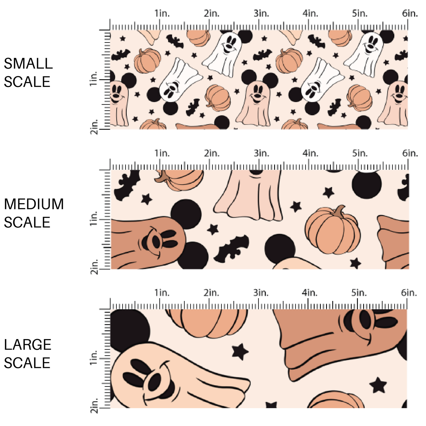 Cream fabric by the yard scaled image guide with mouse ear ghost, mouse ear bats, stars, and pumpkins.