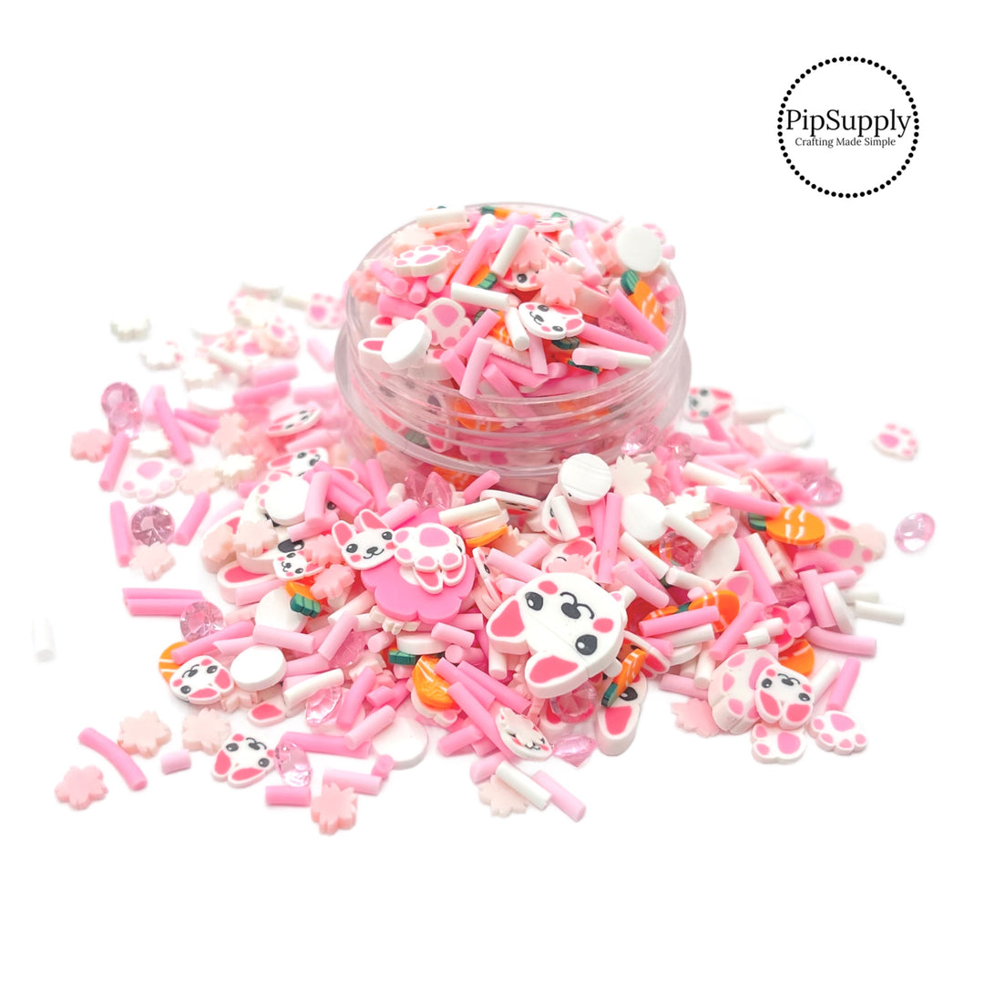 This pink and cream clay slices mix is versatile for many craft projects. This Easter mix has sprinkles, beads, rhinestones, and clay bunny footprints, bunnies, carrots, and flowers. You can use it to add sparkle and decoration to resin projects, filling for shaker bows, slime making, party decor, scrapbooking, card making and nail art.