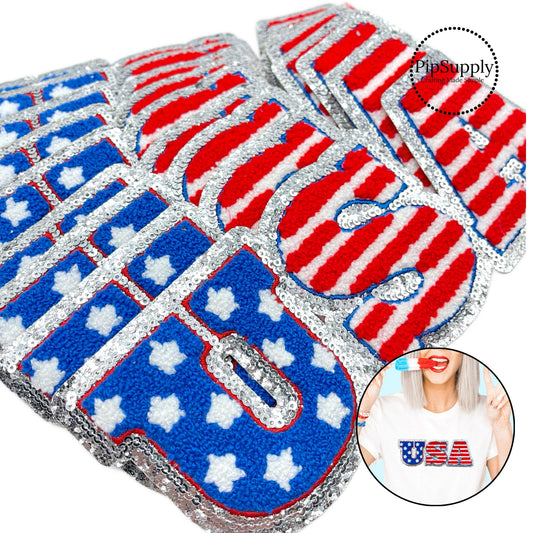 This patriotic "USA" Chenille Patch features silver sequins and glitter around the red, white, and blue chenille letter fabric. Perfect for adding a cheerful touch to any sweatshirt or t-shirt this summer.