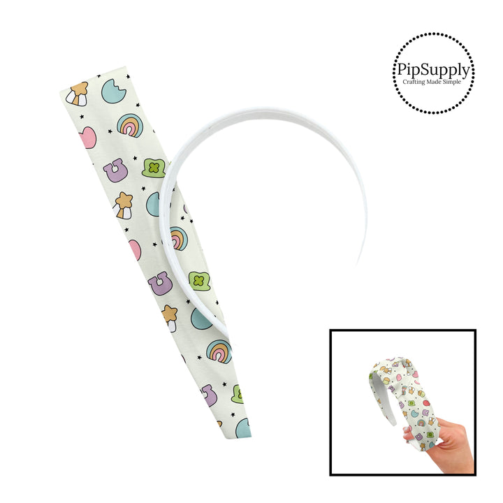 These patterned headband kits are easy to assemble and come with everything you need to make your own knotted headband. These St. Patrick's Day kits include a custom printed and sewn fabric strip and a coordinating velvet headband. This cute pattern features lucky charms.