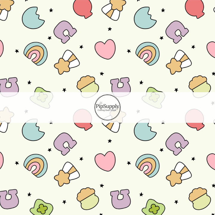 These patterned headband kits are easy to assemble and come with everything you need to make your own knotted headband. These St. Patrick's Day kits include a custom printed and sewn fabric strip and a coordinating velvet headband. This cute pattern features lucky charms.