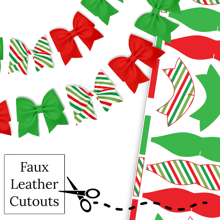 These traditional Christmas holiday themed layered faux leather bows are ready to cut and assemble into a bow garland. These patterned cutouts can also be used to make a hair bow, headband, banner, photo props, scrapbook, party or classroom decorations, bulletin board trim or anything creative! You will receive one faux leather sheet with varying quantities of cutouts based on your selections.