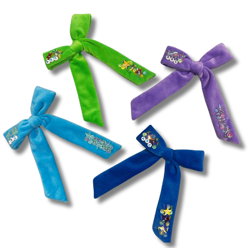 School Velvet Multi Sequin Long Tail Hair Bow - TIED w/Clip -READY TO SHIP
