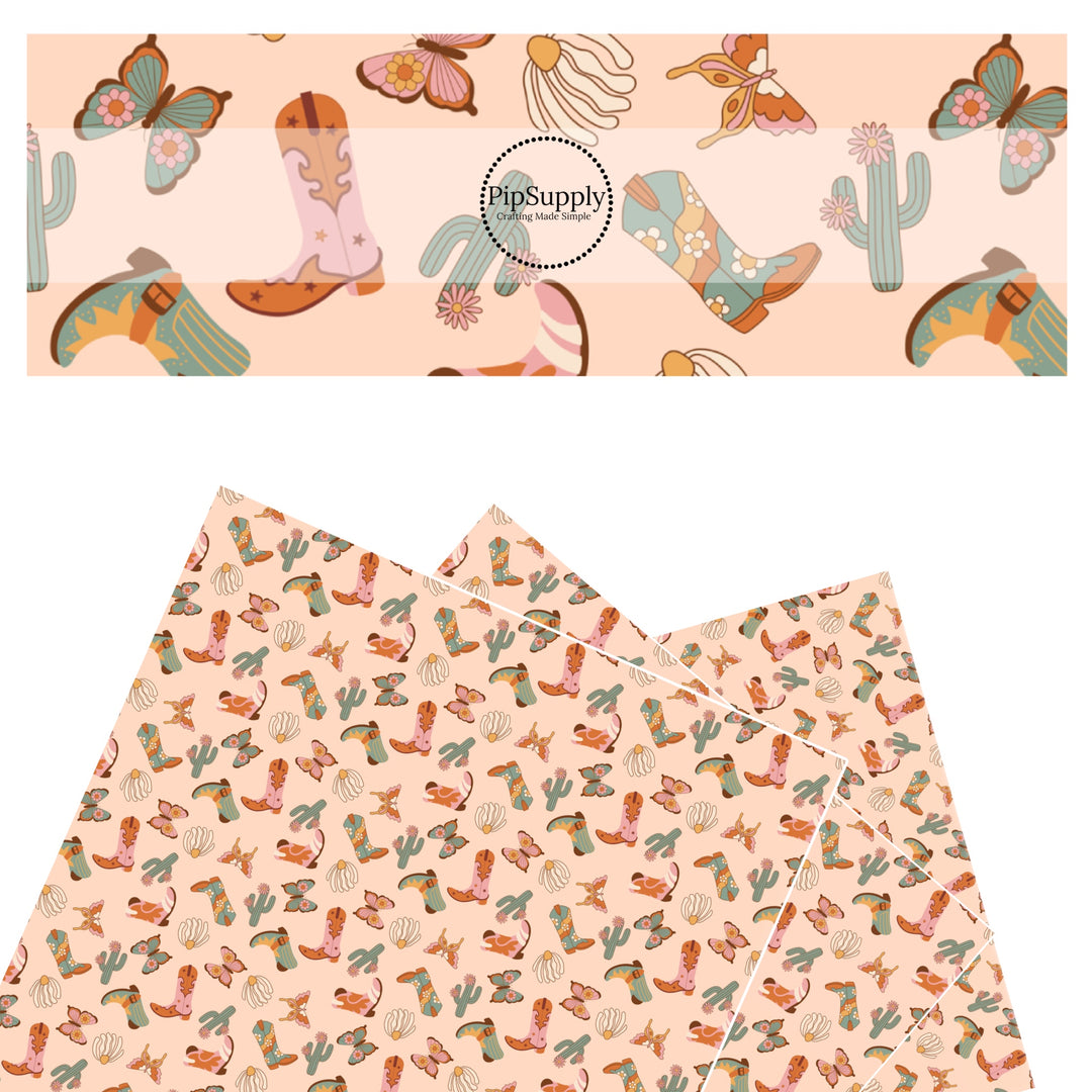 These western themed faux leather sheets contain the following design elements: cowgirl boots, flowers, and butterflies. Our CPSIA compliant faux leather sheets or rolls can be used for all types of crafting projects.