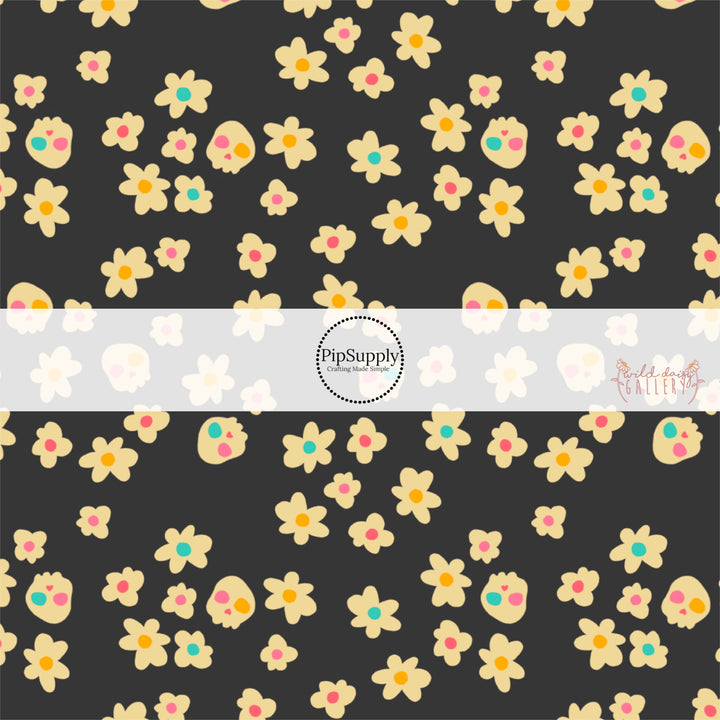 Dainty Floral Skulls Charcoal Fabric By The Yard